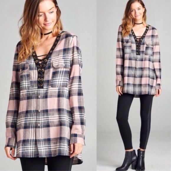 Tops - Pink Plaid Lace-Up Tunic Tops - Pink Plaid Lace-Up Tunic